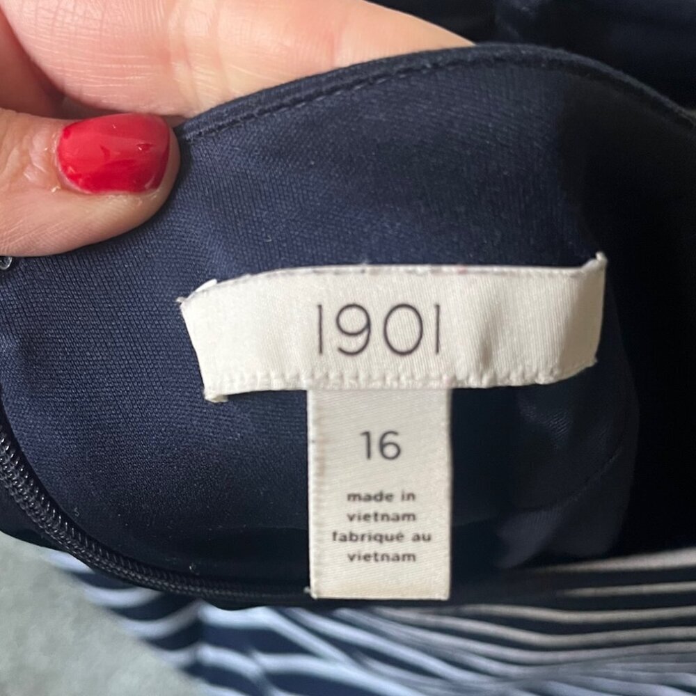 1901 Stripe Boat Neck Ponte Dress Nautical Navy Blue Long Sleeve Open Back, 16 - Picture 6 of 7